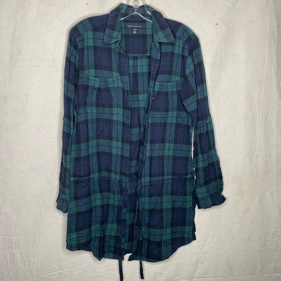 Vintage Flannel Plaid Check Tunic Dress Button Shirt Belt Cabin Cottage Coastal - Picture 2 of 8